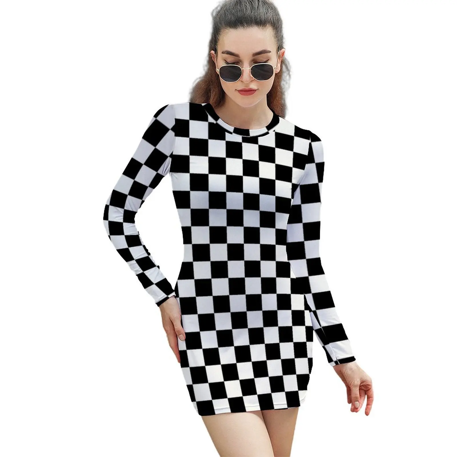 

Black Checkerboard Long-Sleeved Sheath Dress Dress vintage dress sexy for women Womens dresses