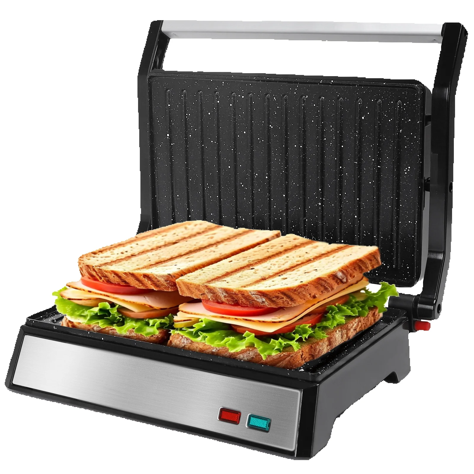 Aigostar Kontaktgrill für Sandwiches， Steak und als Panini Grill， Sandwichmaker mit Antihaftbeschichtung， 1500W Panini Grill mit Abnehmbare Ölsammelbox， 180º Öffnung