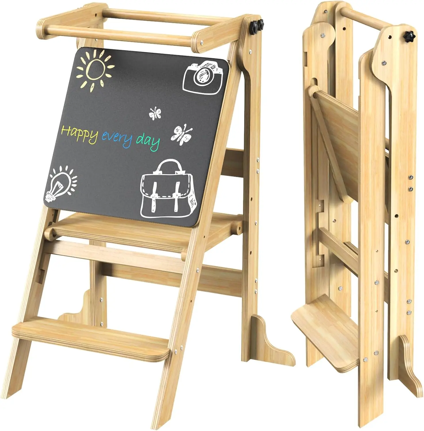 Foldable - Kids Kitchen Step Stool with 3 Adjustable Heights & Safety Rail, Montessori Tower with Chalkboard for Learning, Stand