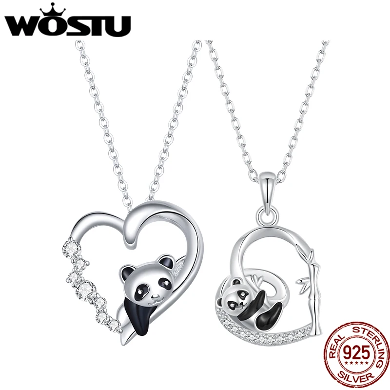 WOSTU Original 925 Sterling Silver Enamel Panda Necklace Zircons Pendant Heart Chain Link Chain Fit for Women Valentine's Gift