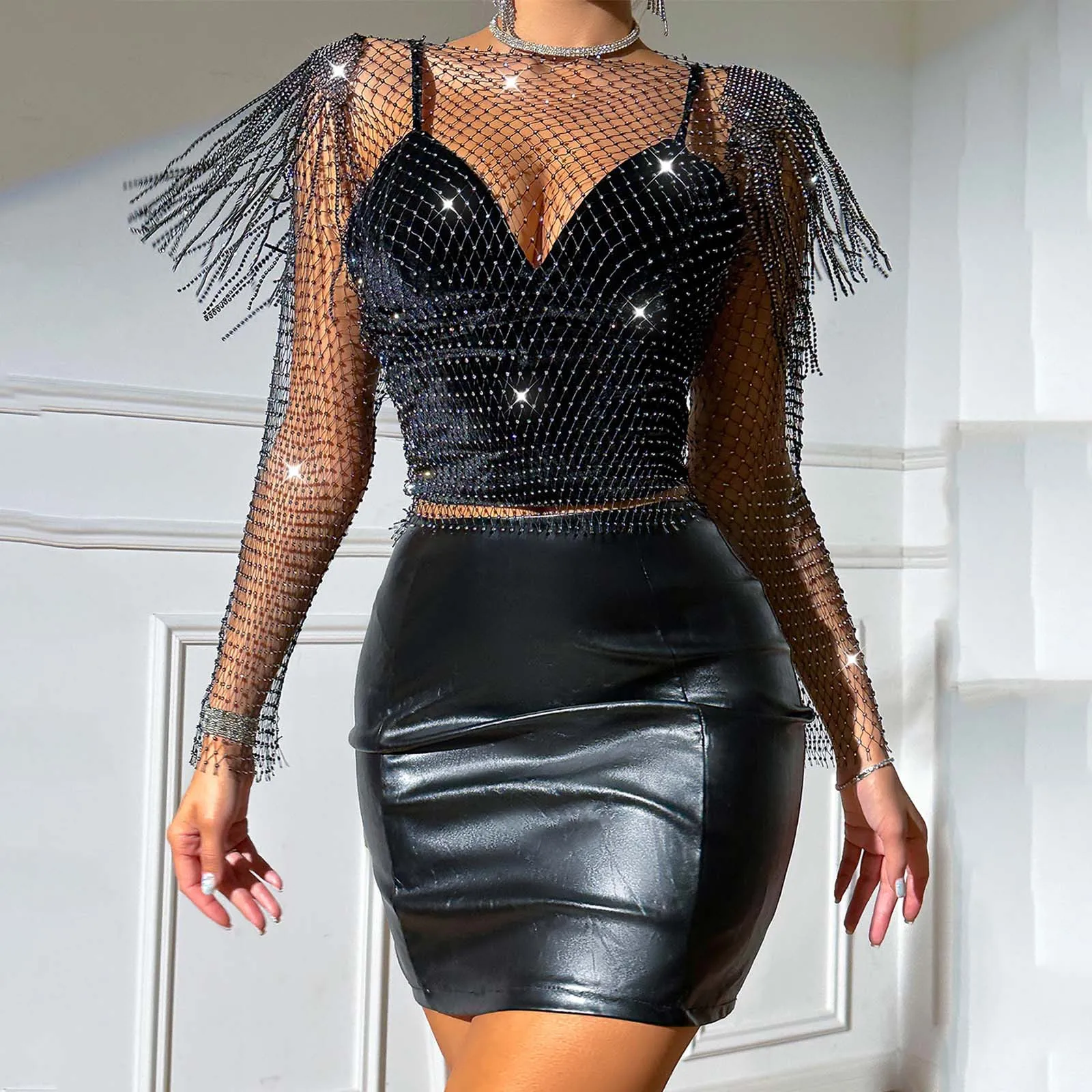 

Women's Rhinestone Fishnet Top Sexy See Through Crop Top Trendy Shiny Diamond Long Sleeve Tee Summer Loose Nightclub Outfit