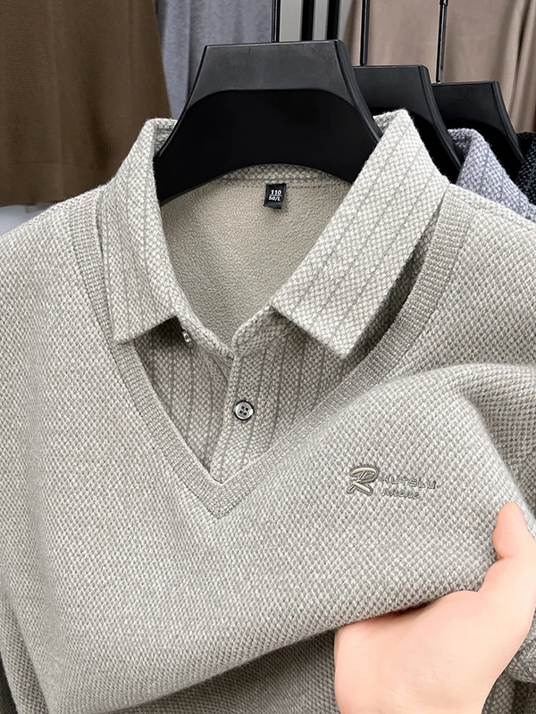 

Men's Winter Thiened Fce Lined Knitted irt Collared Base Layer Sweater Warm Cozy Fake Two-Piece Knitwear