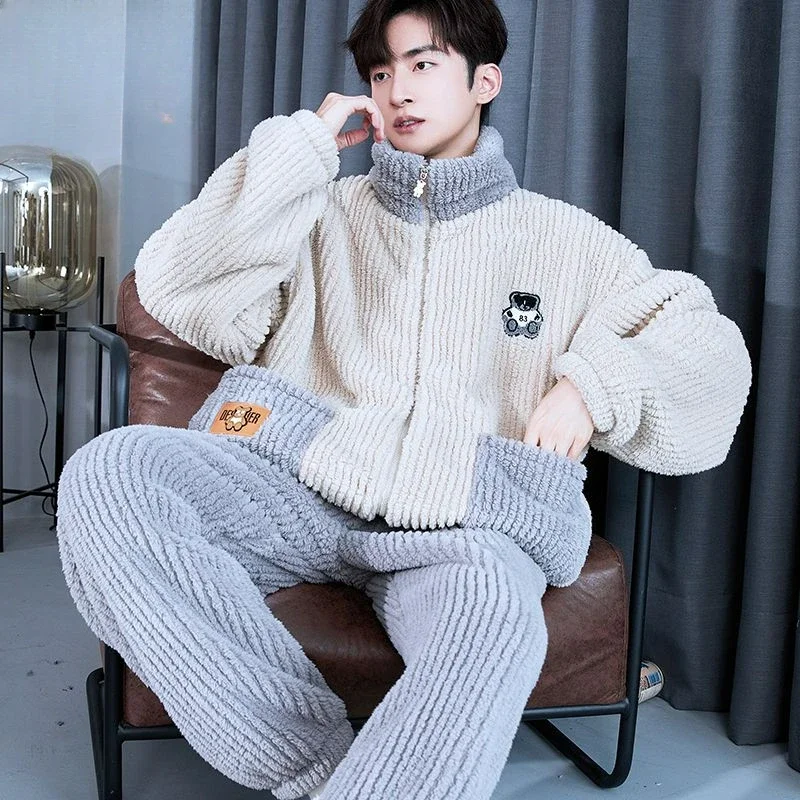 Male Winter Pajamas Coral Fleece Thickened Fleece-lined Teenagers Zipper Homewear Suit Men Stand Collar Warm Nightclothes Sets