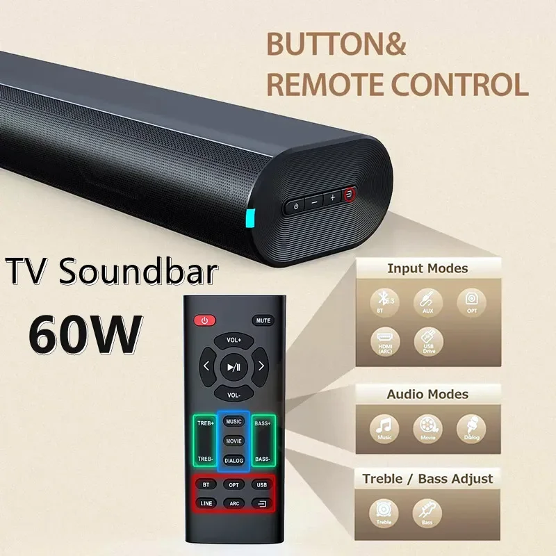 Bluetooth TV Sound Bar for Home Theater,games and Projectors 3D Surround Speaker System with Remote HDMI-ARC/AUX/optical Connect
