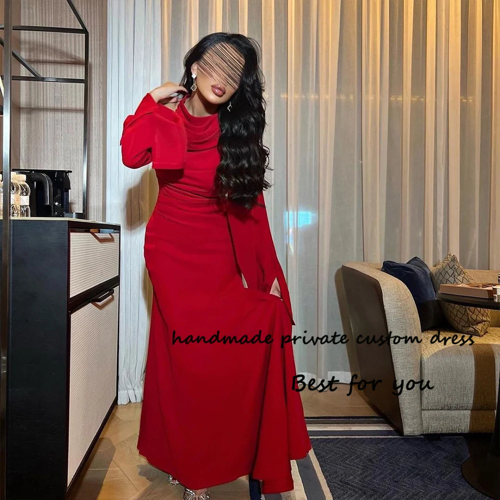 

Red Satin Mermaid Evening Prom Dresses Long Sleeve High Neck Arabian Dubai Formal Dress Floor Length Wedding Guest Gowns