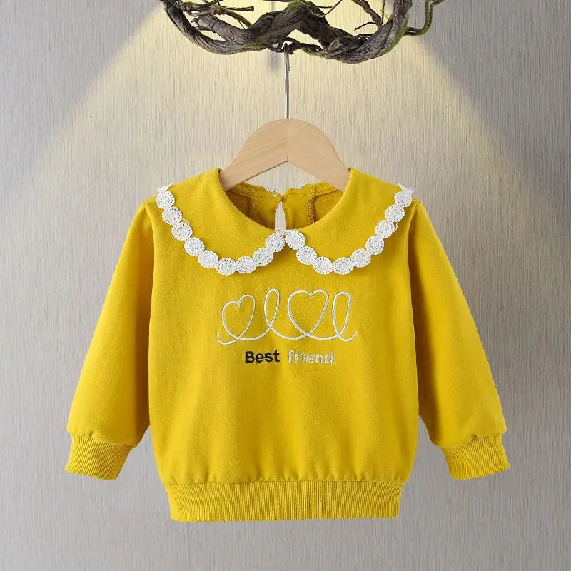 

2023 New Clothes Child Girl Long Sleeve Crew Neck Spring Autumn Casual Fashion All-match Solid Color Letter Tops
