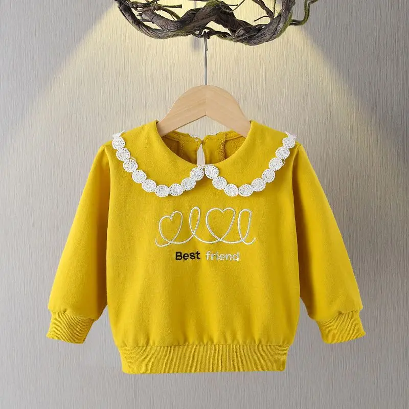 2023 New Clothes Child Girl Long Sleeve Crew Neck Spring Autumn Casual Fashion All-match Solid Color Letter Tops