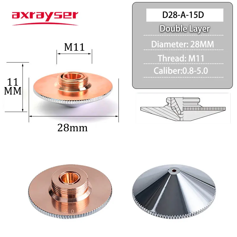 Boquilla láser Axrayser para máquina cortadora de fibra Precitec WSX, doble capa, diámetro 28mm, calibre 0,8-4,0mm, cromado P0591