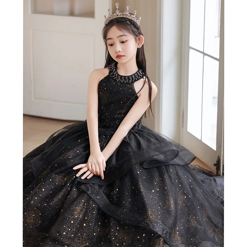 Flower Girl Wedding Party Dresses New 2025 Black Girls Summer Dress Long Birthday Sleeveless Tutu Performance Gowns Customized