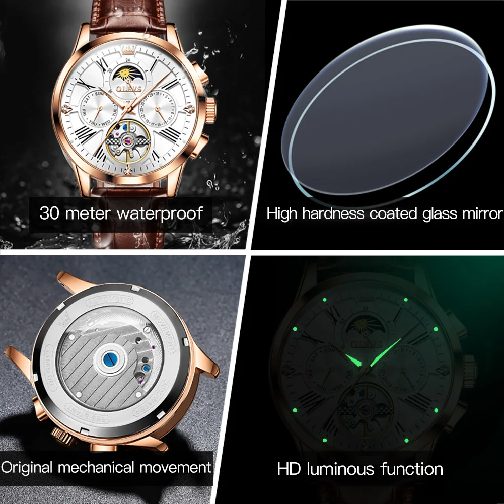 OLEVS Men's Watches Fashion Leather Strap Moon Phase Hollow Flywheel Automatic Mechanical Wristwatch Roman Scale Man Watch 9912