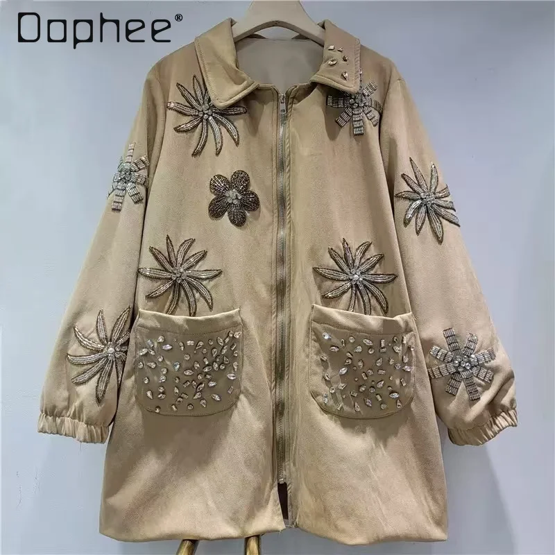 French Fashion High-end Heavy Diamond Lapel Fashion Imitation Deerskin Fleece Jacket Autumn Winter New Trend Loose Casual Jacket