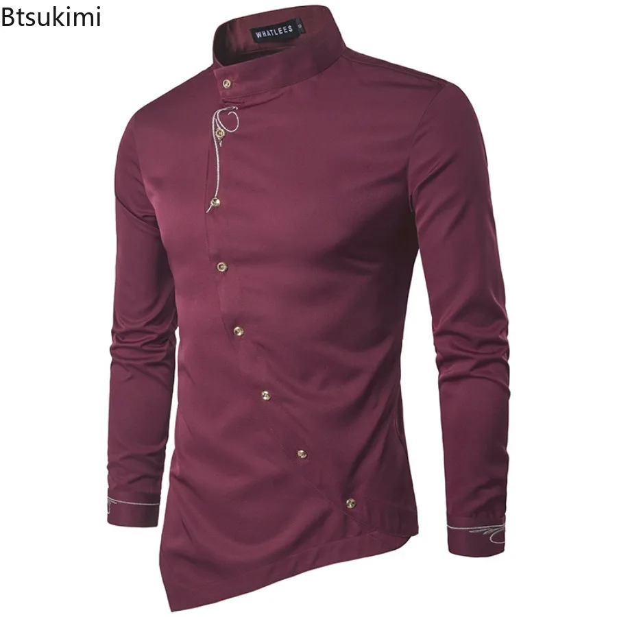 

Men Solid Embroidered Irregular Button Down Shirt Top Personality Fashion Party Casual Vintage Stand Neck Long Sleeve Shirt Male