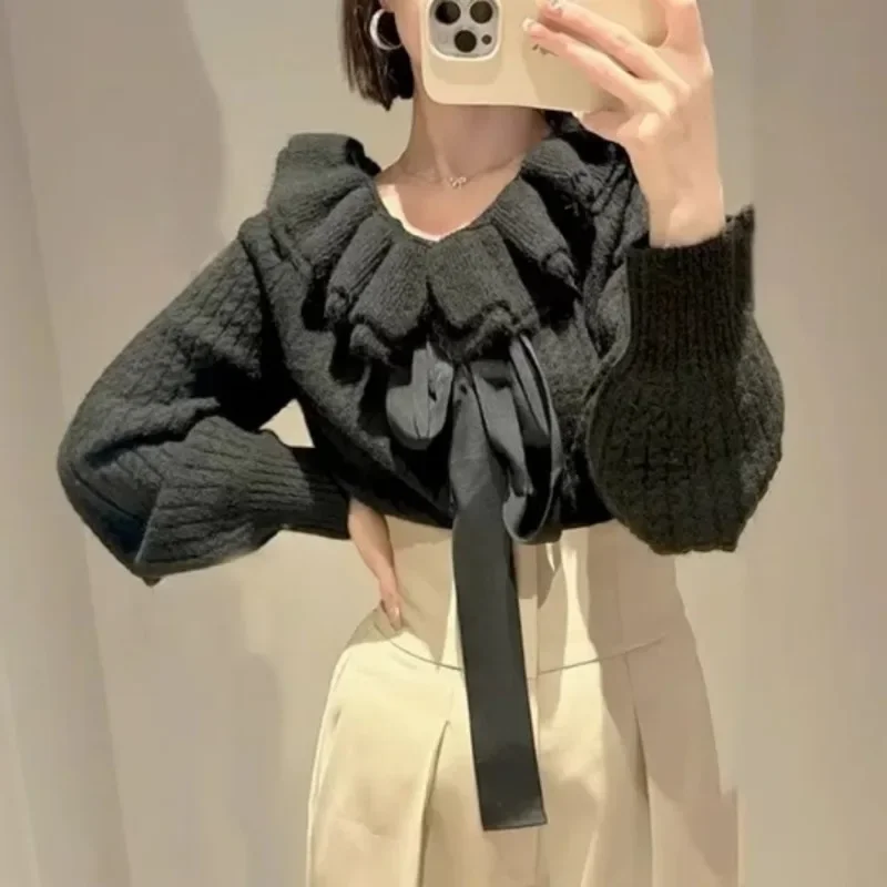 Off Shoulder 2024 Woman Sweater Bow Ruffles Ropa Mujer Japan Knit Outerwears Fall Clothes Women Twist Long Sleeve Pullovers