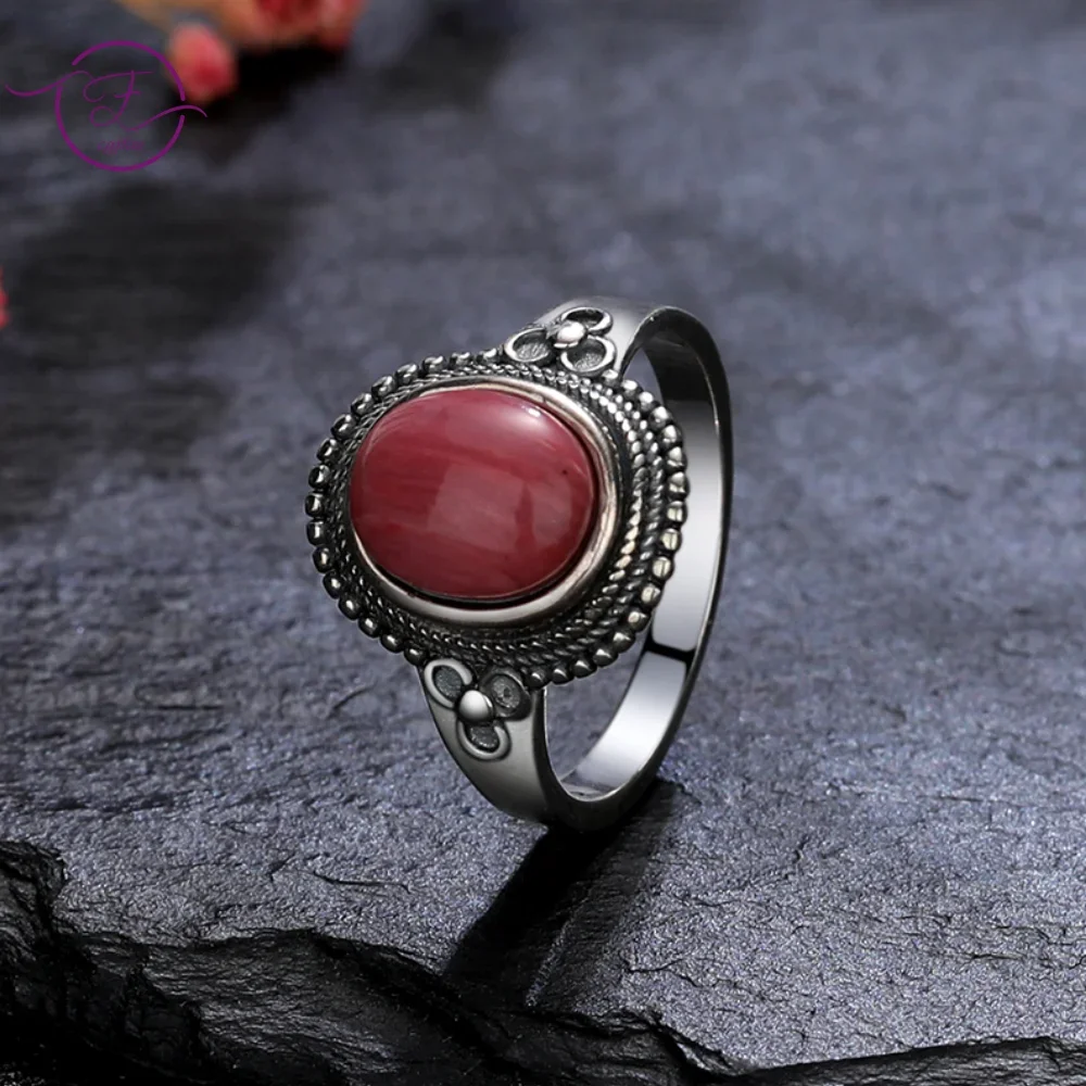 

S925 Silver Ring Natural Rhodochrosite Gemstones Rings for Women Party Gift New Style 8x10MM Tiger's Eye Jewelry