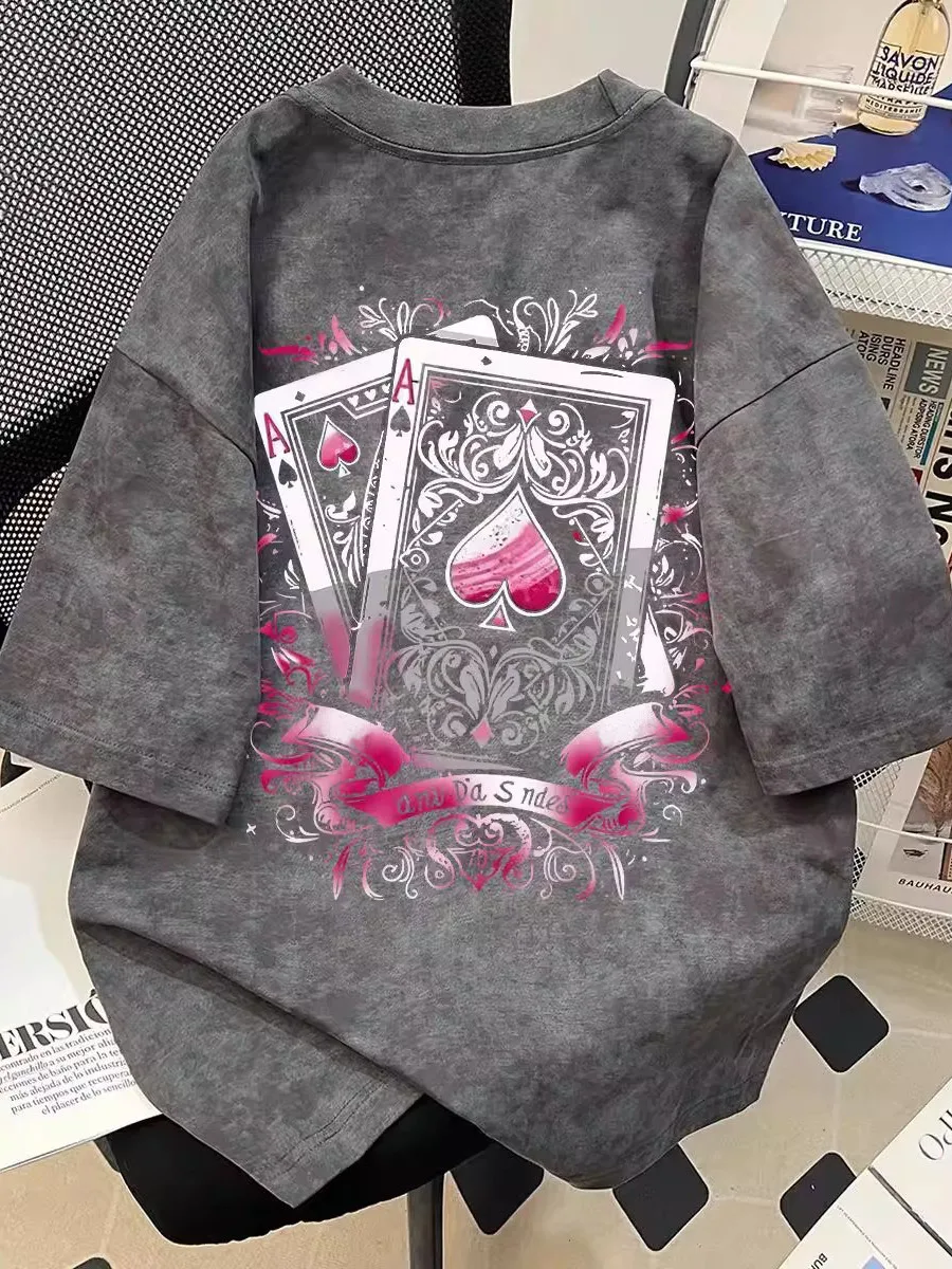 大きいサイズ-300-ポンド-ポーカー-プリント染め半袖-tシャツ-ユニセックス-夏-ルーズ-カジュアル-ベースシャツ-カップル-マッチング-コットン-tシャツ
