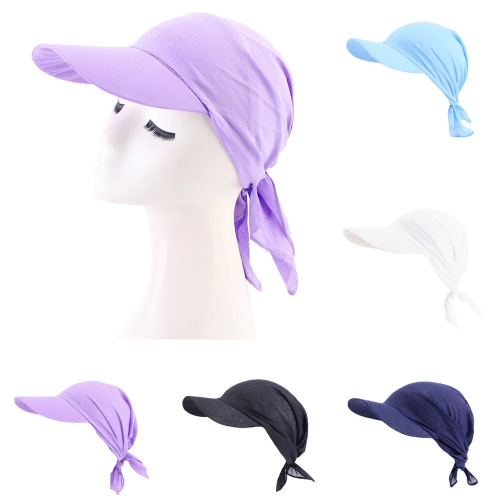 Girls Kids Cotton Sun Visor with Pre-Tied Hijab Durag Brim Cap Head Scarf Turban Caps Head Cover Hair Loss Scarf Wrap Bandana