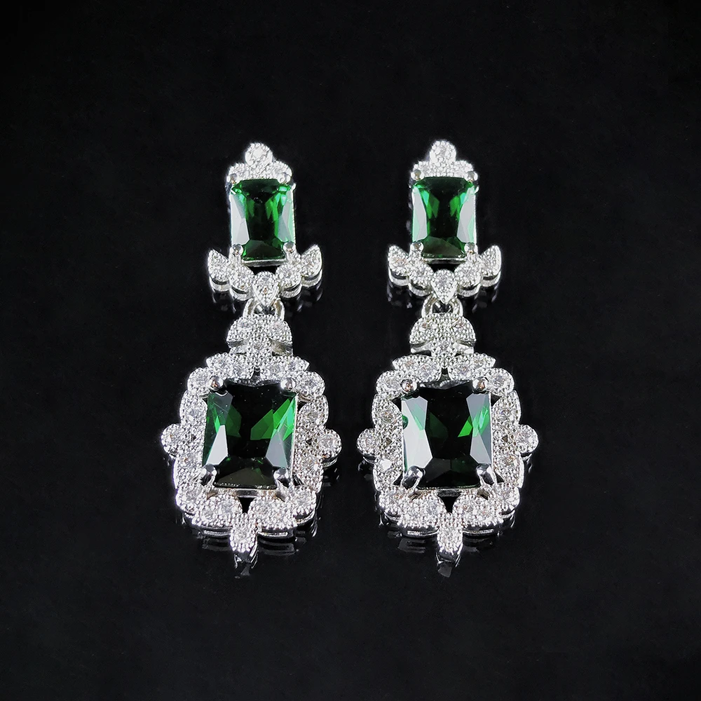 2024 New Luxury Green Color Rectangle silver color korean Earrings for Women Anniversary Gift Jewelry Wholesal E6522