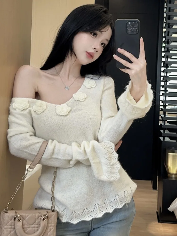 

Early Autumn Loose Knitted Long Sleeve Women's Top Shoulder Bared Korean Style Casual Breathable Citywalk Fashion Knitwear