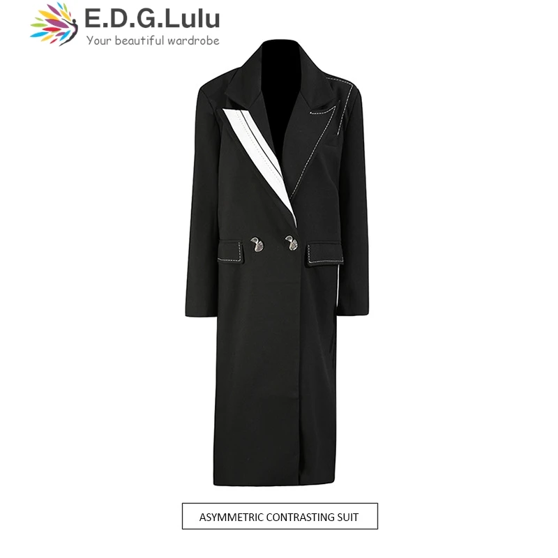 

EDGLuLu 2025 New Fashion Turn-Down Collar Long Trench Coat For Women Asymmetric Contrasting Color Windbreaker Jacket 0815
