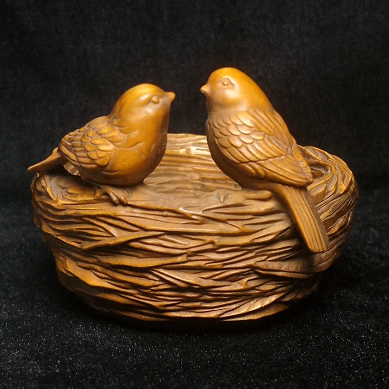 YIZHU CULTUER ART Collected China Old Boxwood Hand Carved Lovely Bird bird's nest Decoration