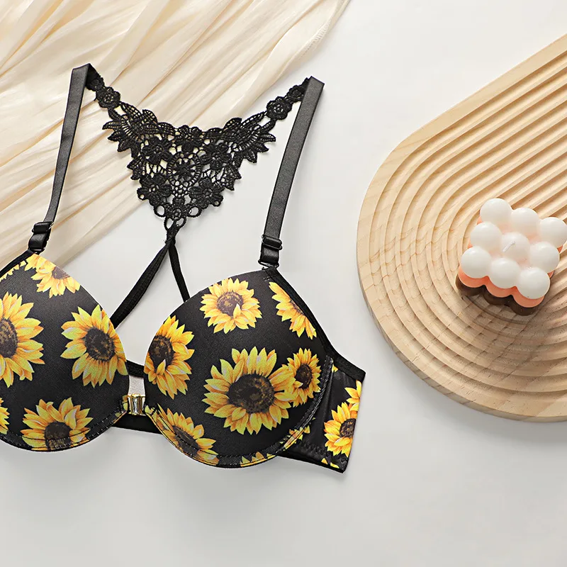 Women's Sunflower Bra Set Push Up Lace Back Lingerie Set 2 Piece Underwear 2026 - Image 4