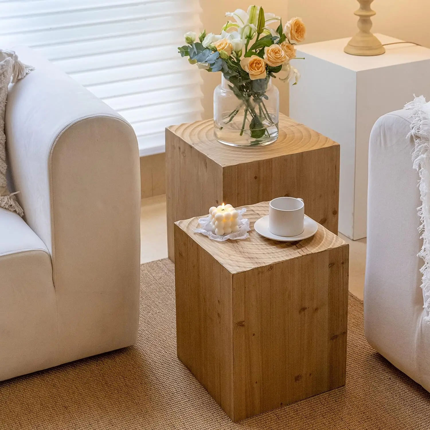 Tree Stump End Table Set of 2, Multiple Styling Layout with Wood Tree Ring Pattern, Natural Wood Color