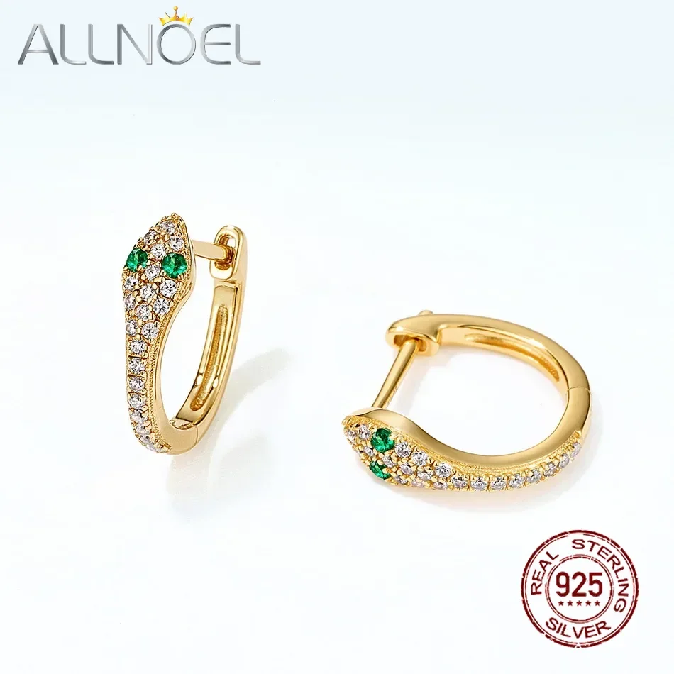 

ALLNOEL, маленькие серьги-кольца из стерлингового серебра 925 пробы для женщин, белый зеленый циркон, CZ, змеиное животное, позолоченные, шикарные подарки, ювелирные украшения