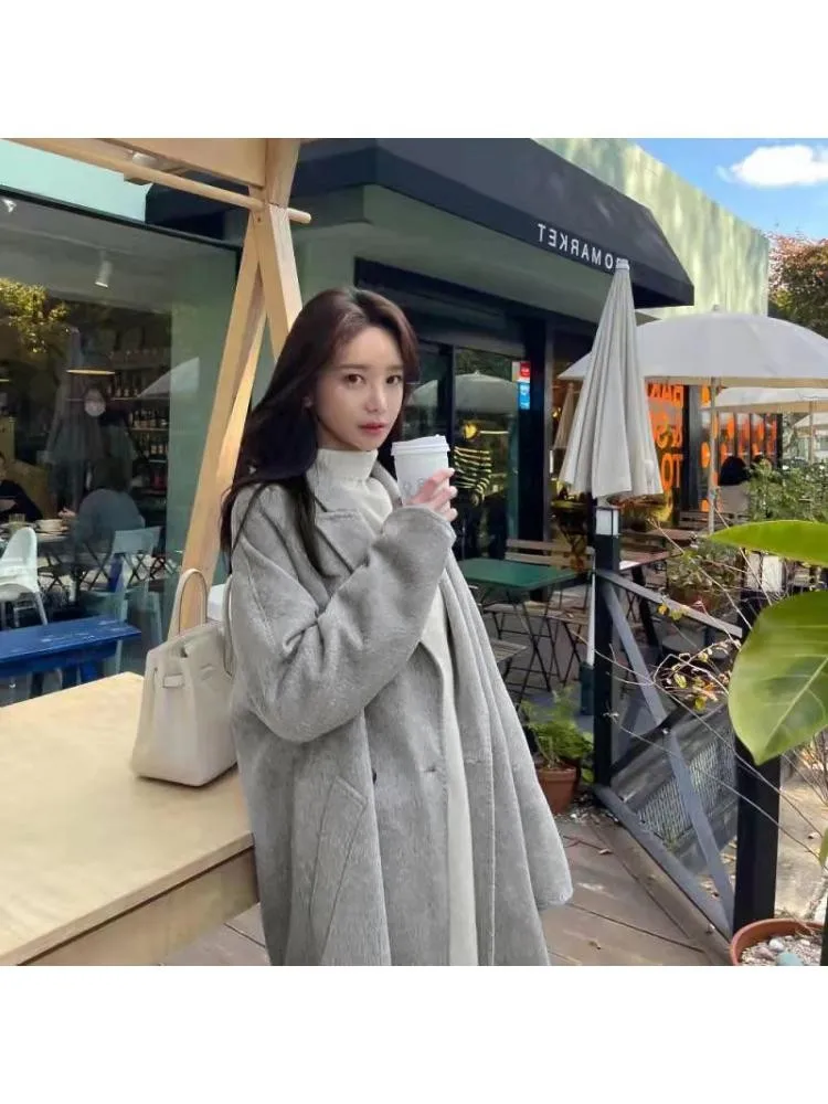 2023 Winter New Korean Style Double Breasted Loose Pink Long Woolen Jacket Overcoat Women Handmade Gray 100% Wool Coat