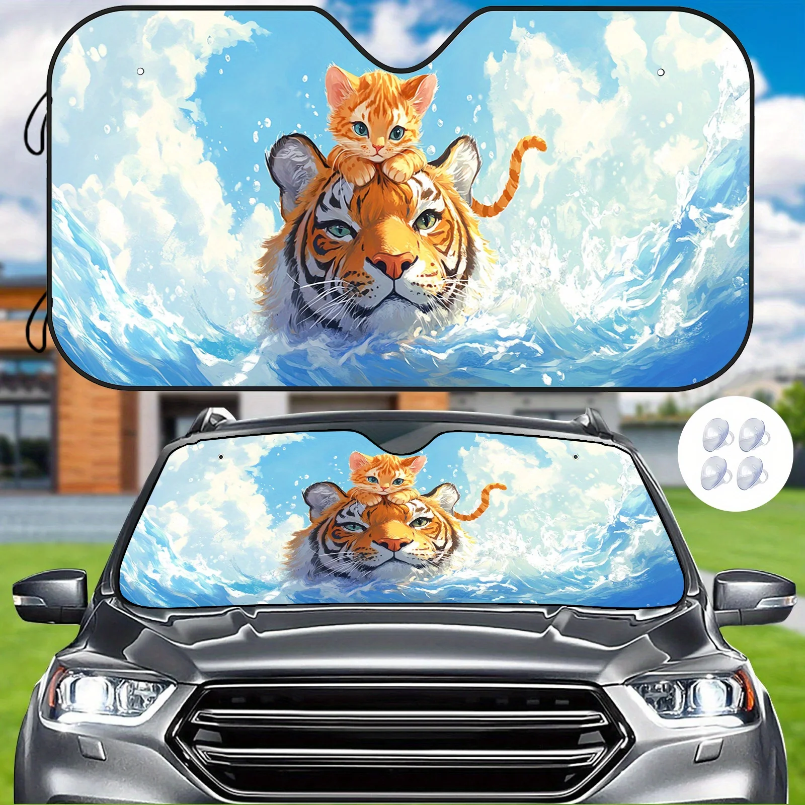 

1 шт. Автомобильный солнцезащитный козырек Tiger & Cat Swimming Together Design — подходит для термостойких и царапин, защита от ультрафиолета, чехол на лобовое стекло для всех вен