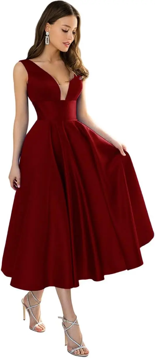 

Женские атласные платья подружки невесты Короткие V-образным вырезом Чайная длина Вечерние платья Вечернее платье трапециевидной формы с карманами Tae - длина