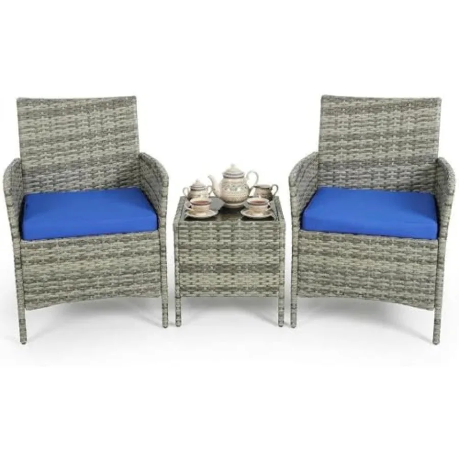 

3 Piece Outdoor Patio Furniture Set with All Weather Rattan Brown Upholstered Sofa Glass Coffee Table Weather Resistant Garden