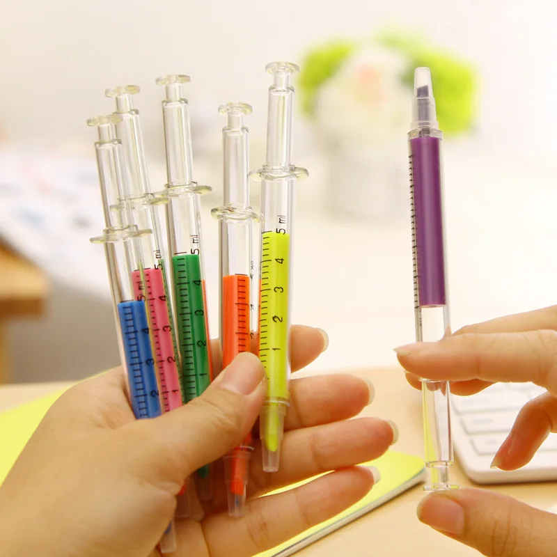 6pcs Kawaii Syringe Highlighter Pen Syringe Needle Shape Mechanical Color Ballpoint Pen For Office School Marker Writing Tool