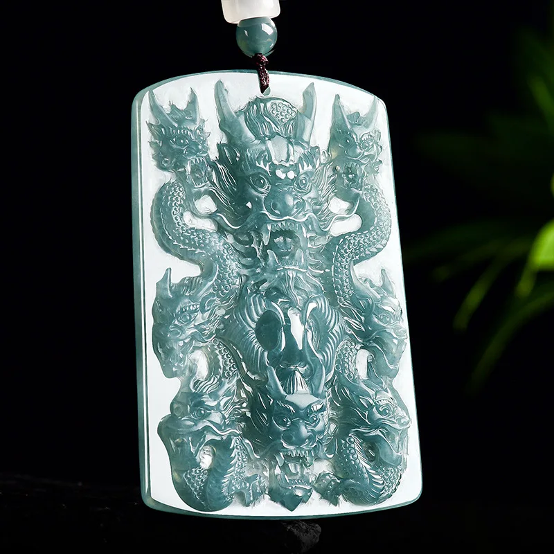 A-Grade Blue Water Jadeite Nine Dragons Protect Master Zodiac Pendant High-End Mens/Womens Lucky Amulet Chinese Cultural Carving