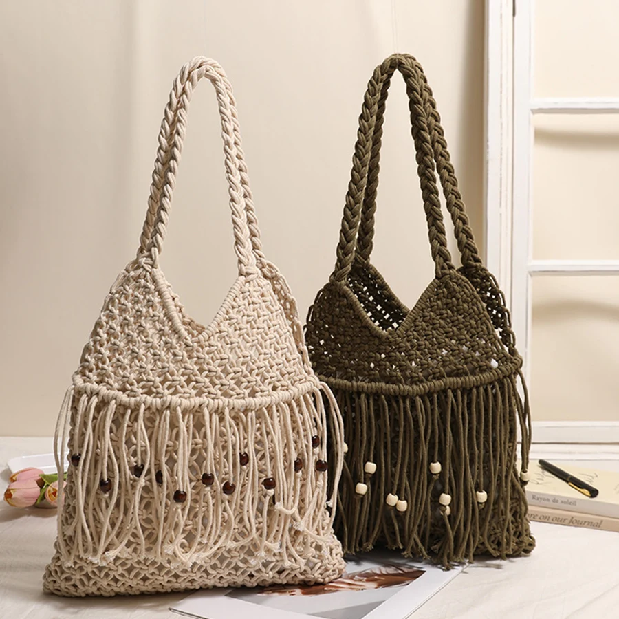 

Summer wooden bead fringed shoulder bag cotton thread weaving hollow pure color woven grass boho bag for beach vacation handbags
