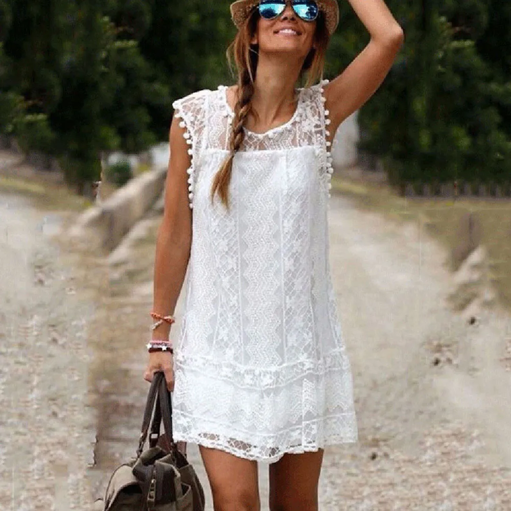 Casual Elegant Cocktail Party Dresses Hollow Out Lace Sleeveless Sundress Beach Style Short Tassel Mini Dress летнее платье