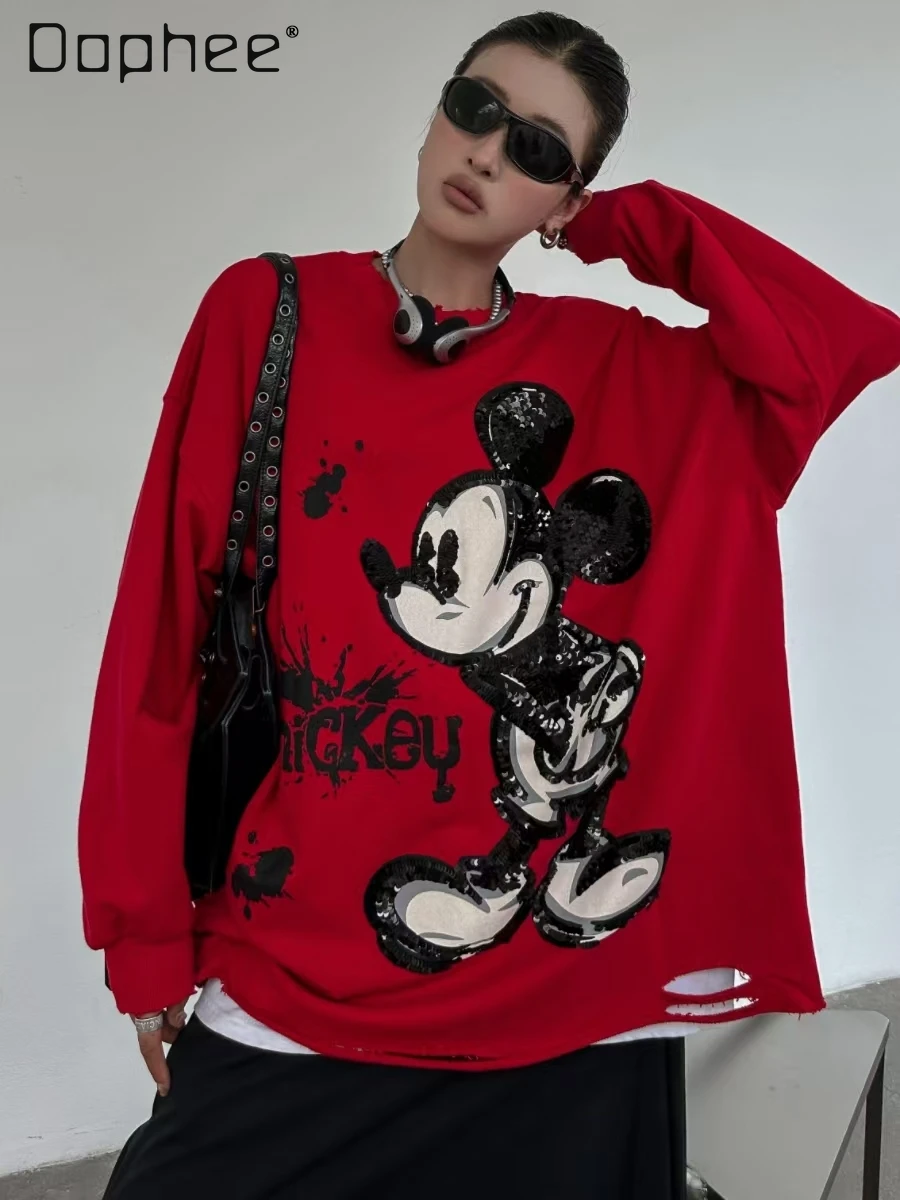 American Vintage Heavy Industry Sequin Ripped Long Sleeve Sweatshirts Autumn Loose Cartoon Top Hoodies Women Kawaii Clothes