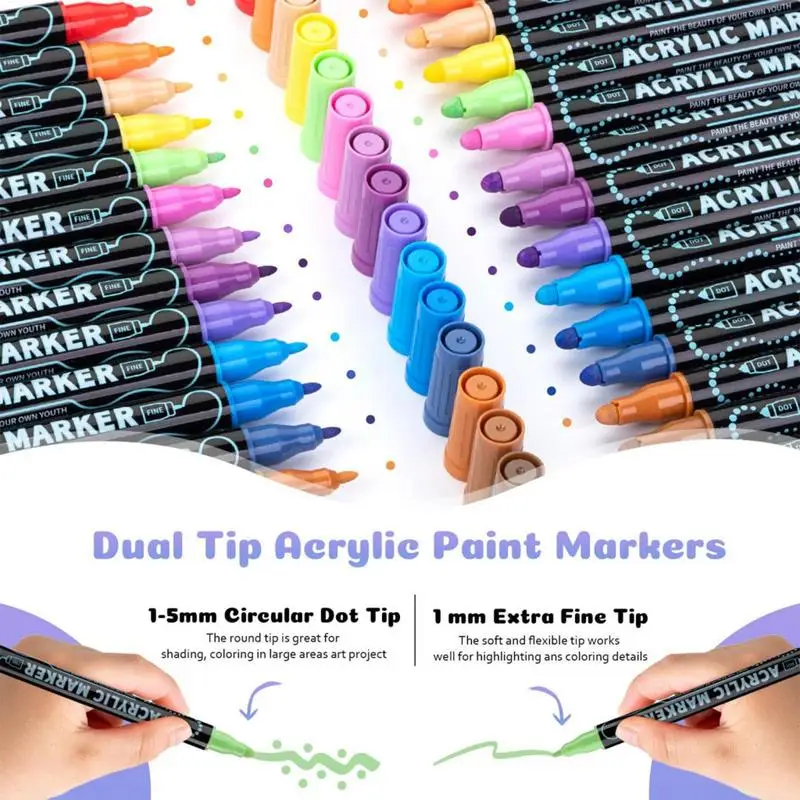 Acrylic Paint Markers Double Tip Acrylic Paint Markers Water Soluble Acrylic Paint Markers Thin & Round Tips For Rock Canvas