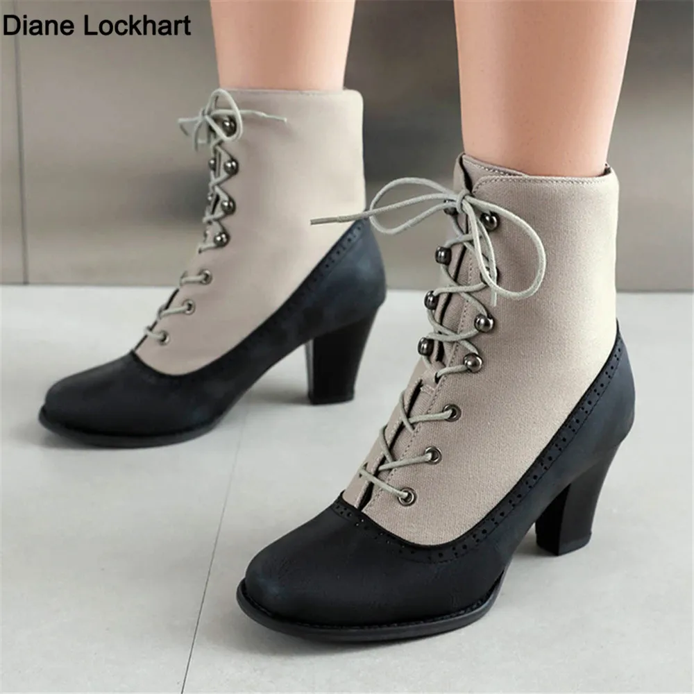 

2024 New Lace Up Ladies High Heel Shoes Strange Steampunk Boots Victorian Ankle Boots Women Round Toe Thick Soled Short Boots