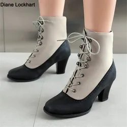 2024 New Lace Up Ladies High Heel Shoes Strange Steampunk Boots Victorian Ankle Boots Women Round Toe Thick Soled Short Boots