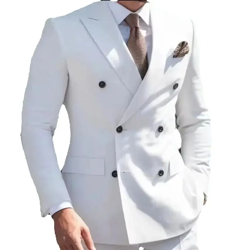 

Latest White Double Breasted Men Suits Slim Fit 2 Piece Peaked Lapel Elegant Groom Wedding Jacket Pants Suit Male Costume Homme