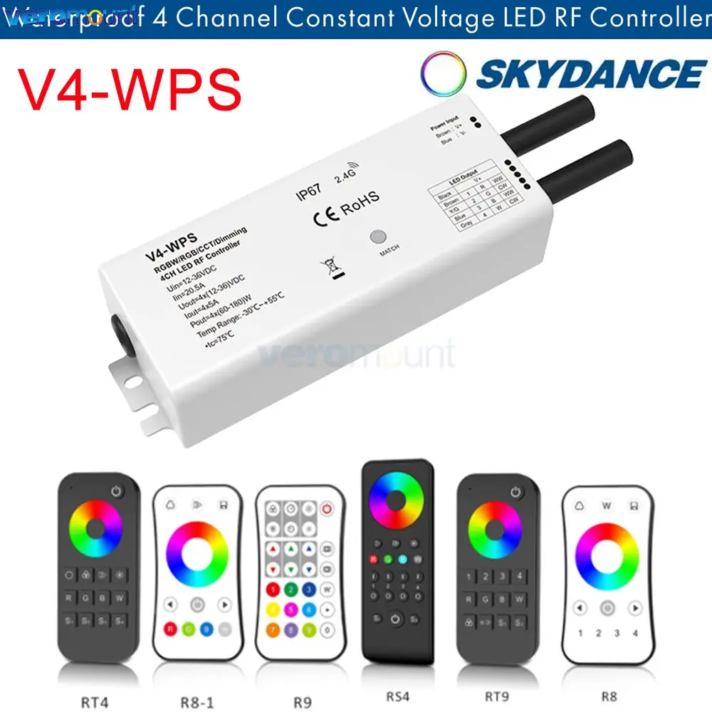 

V4-WPS 2,4G RF одноцветный/двухцветный/RGB/RGBW пульт дистанционного управления DC12-36V 4CH * 5A светодиодный контроллер IP67 водонепроницаемый для светодиодной ленты