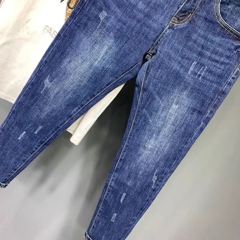 Harajuku แฟชั่นผู้ชาย SLIM FIT กางเกงยีนส์สําหรับฤดูใบไม้ผลิฤดูใบไม้ร่วงเย็บปักถักร้อยออกแบบกางเกงดินสอ Luxury Designer กางเกงยีนส์ผู้ชาย