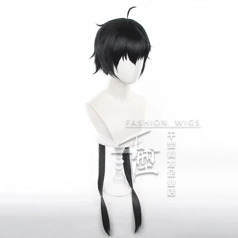 لعبة Wuthering موجات روفر شعر مستعار تأثيري ذكر أسود قصير الشعر 90 سنتيمتر جديلة طويلة الشخصية الرئيسية الرنان حفلة الهالوين