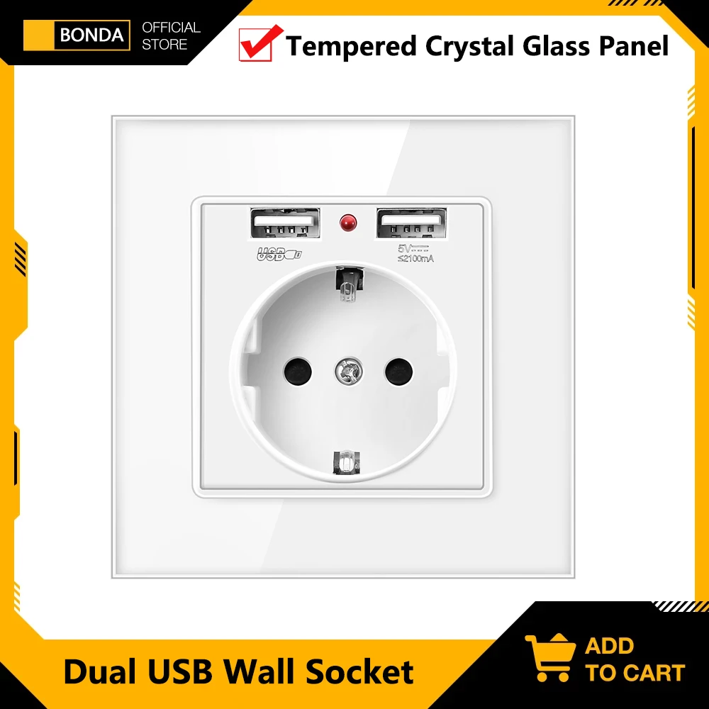 

Wall Electrical Socket With USB Charging 5V 2A Panel 86*86mm USB EU Power Socket LED ON/OFF 16A Outlet Tempered Crystal Glass