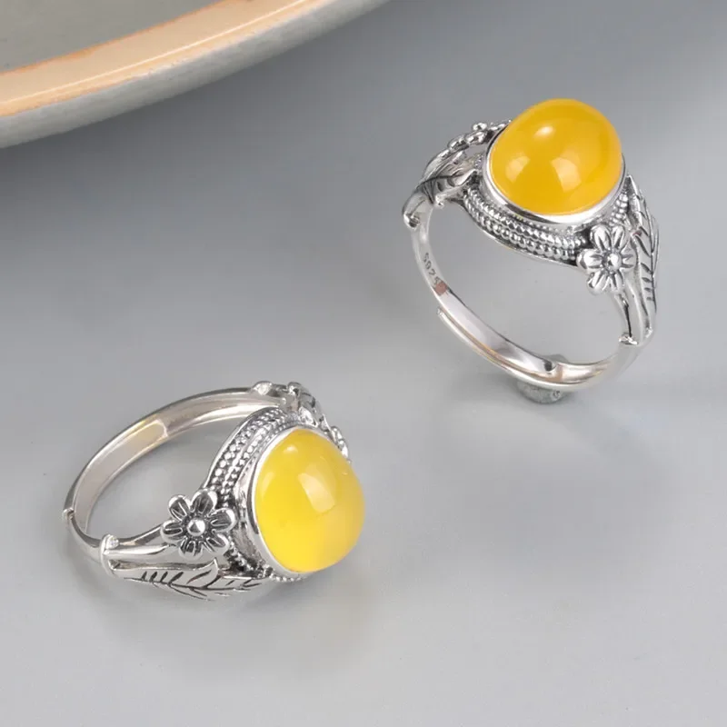 

Ethnic Style 925 Sterling Silver Oval Yellow Chalcedony ring For Women Vintage Small Flower Leaf Adjustable Open Jewelry