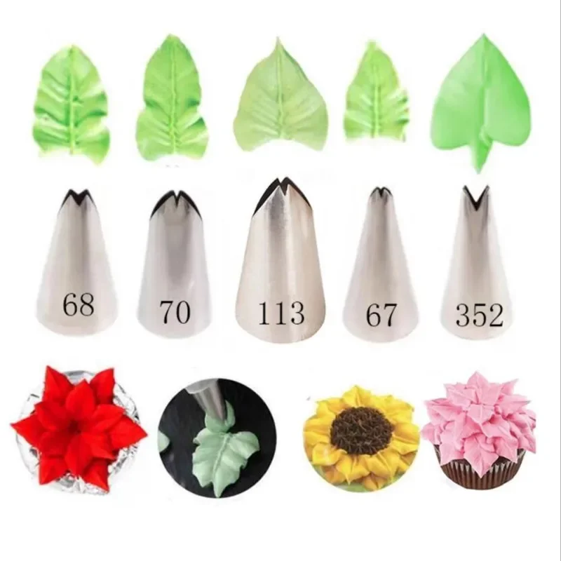 

5 Pcs Set Leaves Nozzles Stainless Steel Icing Piping Nozzles Tips Pastry Tips For Cake Decorating Pastry Fondant Tools Molds