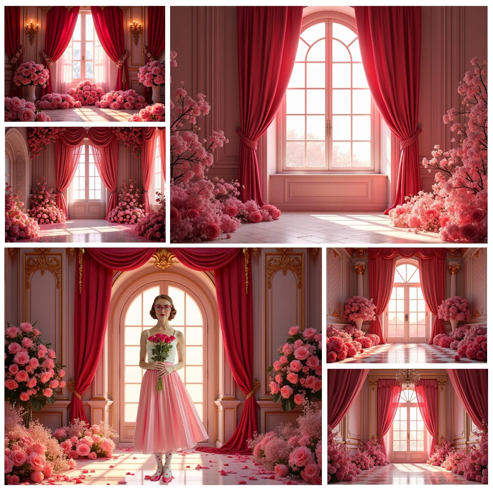 

MOON.QG Luxurious Valentine's Day Background Pink Floral Window Red Curtains Backdrops For Photography Portrait Poster Photocall