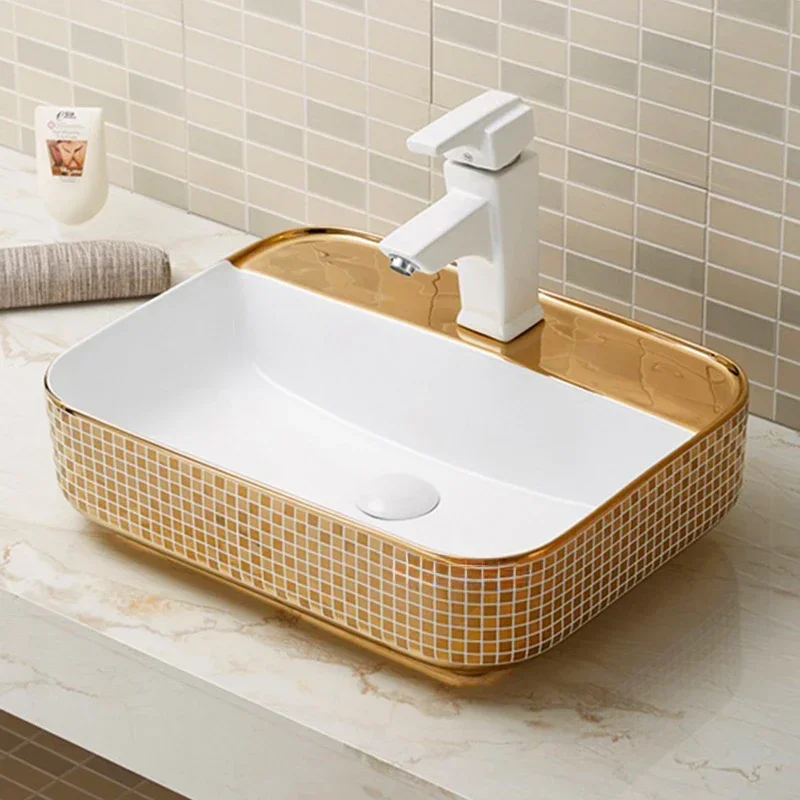 Golden Wash Basin Square Hotel Color Bathroom Sinks Artistic Personality Bathroom Washbasins Ceramic Washing Sinks Hand Basin