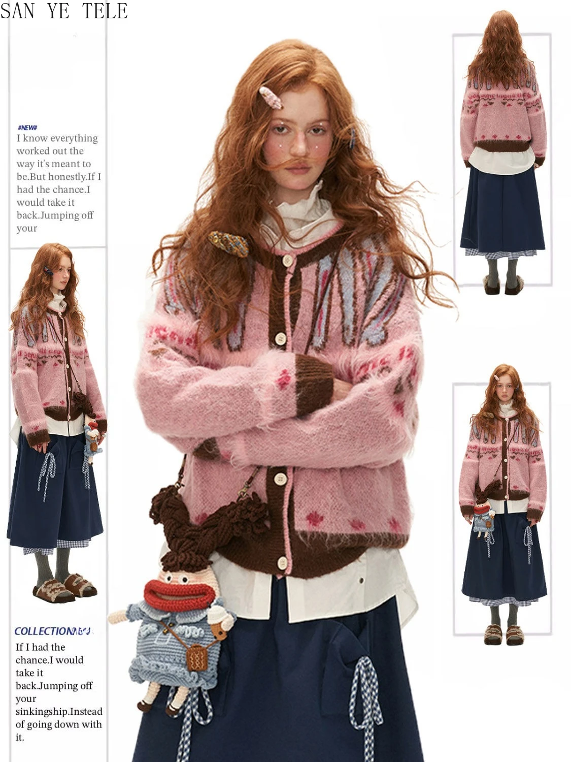 

Розовый жаккардовый вязаный свитер Y2k, женский осенне-зимний винтажный милый теплый толстый свободный кардиган, новый корейский топ, куртка