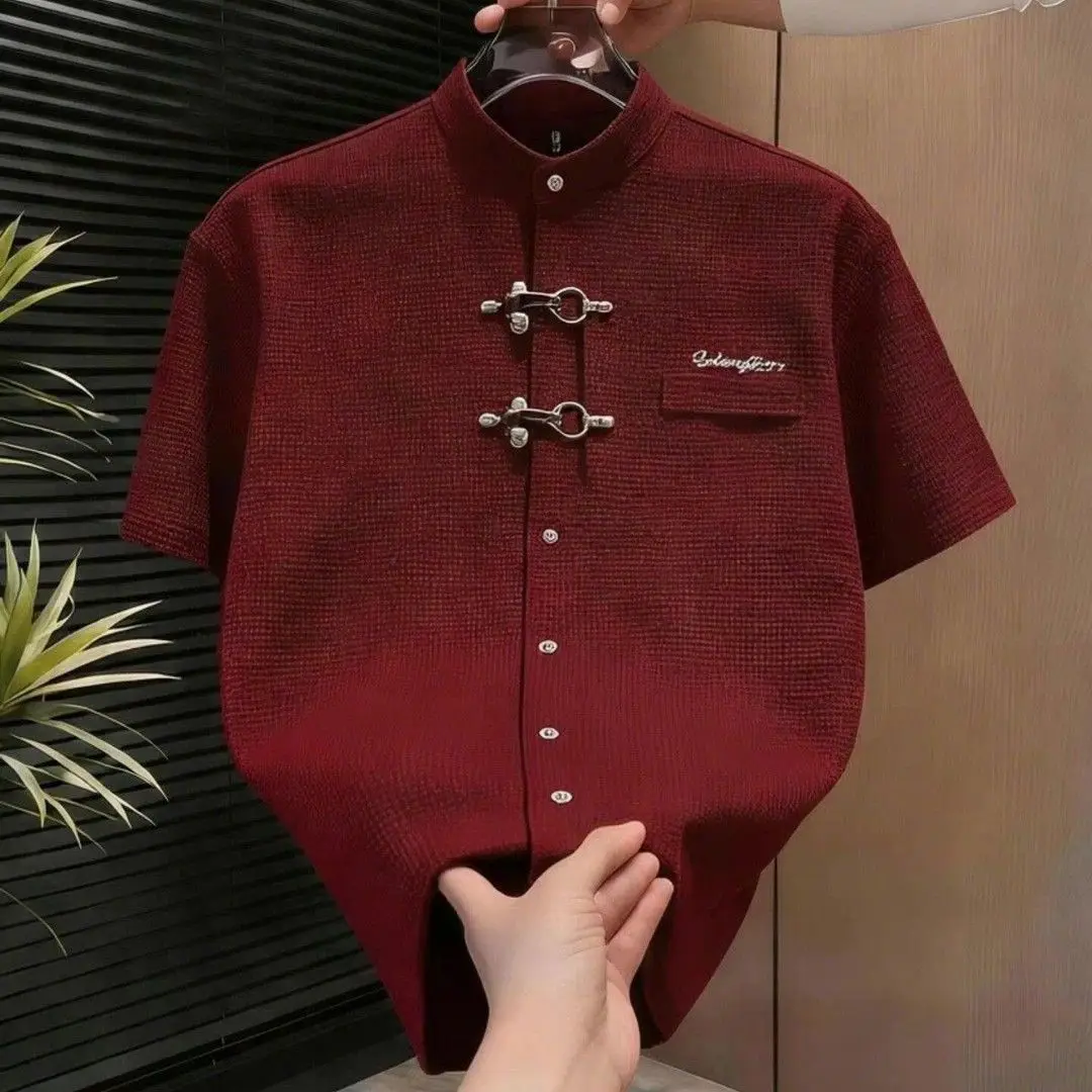 New Chinese-style Textured Stand-collar Short-sleeve Retro Shirt For Men Summer Versatile Casual Korean Social